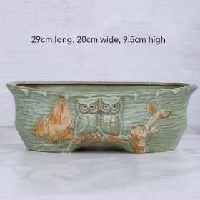 Succulent Flower Pot Shallow Mouth Oval Rectangular Large Diameter Platter Porcelain Simple Retro Stoneware (Option: Owl Vintage Green-As Shown In The Figure)